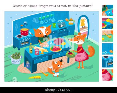 Trova i frammenti nascosti. Puzzle educativo per bambini. Una famiglia amichevole di volpi in cucina. Simpatici personaggi dei cartoni animati, scena per il design. Vettore Illustrazione Vettoriale