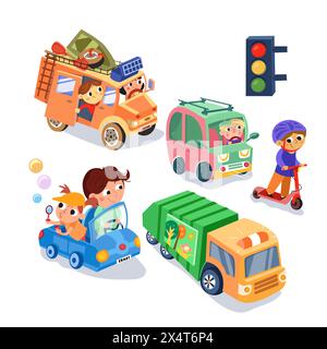 Auto e conducenti carini in città. Set di personaggi divertenti di Cartoon per il design. Persone e trasporti, ingorgo del traffico in città. Illustrazione vettoriale per bambini Illustrazione Vettoriale