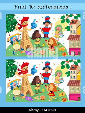 Trova 10 differenze nascoste. Puzzle game educativo per bambini. Gruppo di fan di diverse nazionalità. Scena di cartoni animati vettoriali. Gente divertente dentro Illustrazione Vettoriale