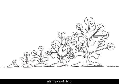 Singola linea disegnando germogli, piante, alberi di soldi che crescono icona. Step of Coins si accumula, denaro, risparmio e investimenti o pianificazione familiare. conti moderni Illustrazione Vettoriale