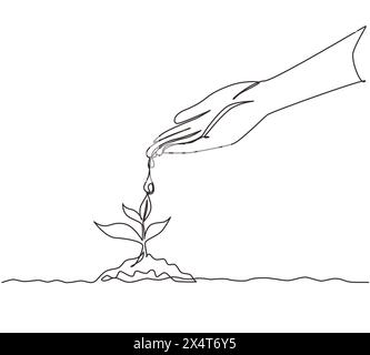 Una sola linea disegna a mano la nutrizione e l'innaffiatura di piante per bambini che crescono in sequenza germinativa su terreno fertile. Concetto di ecologia agricola. Mo Illustrazione Vettoriale