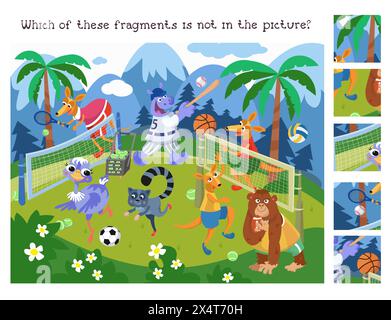 Trova i frammenti nascosti. Puzzle educativo per bambini. Animali carini che fanno sport. Scena di cartoni animati vettoriali. Animali divertenti in tute sportive. Illustrazione Vettoriale