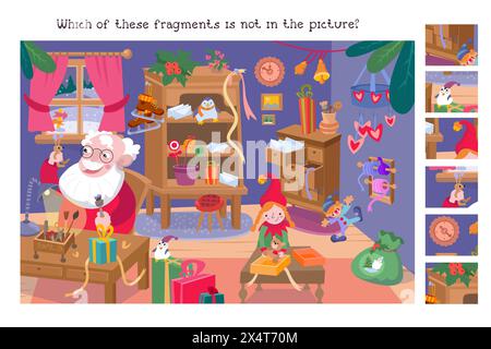 Trova i frammenti nascosti. Puzzle educativo per bambini. Il carino Babbo Natale e l'elfo fanno regali. Officina con mobili, giocattoli. Vacanze natalizie invernali Illustrazione Vettoriale
