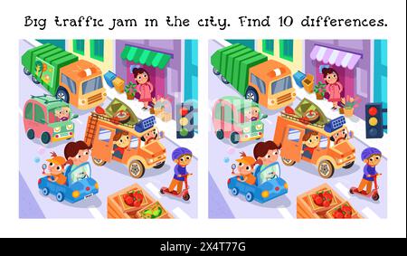 Auto e conducenti carini in città. Trovare le differenze. Rompicapo educativo per bambini. Personaggi divertenti dei cartoni animati. Persone e trasporti, ingorgo del traffico in città Illustrazione Vettoriale