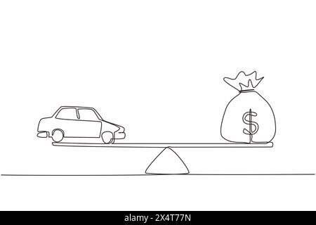 Disegno continuo di auto, prestito automatico o trasformazione di asset in concetto di cassa su una sola linea. Modello di auto, banconote in dollari USA in borsa di iuta su semplice bilancia. S Illustrazione Vettoriale