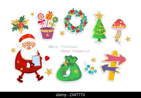 Set di icone vettoriali natalizie con elementi dorati. Albero di Natale, corona, giocattolo, stella, Babbo Natale, borsa, frecce per schede di disegno, poster. Cartone animato Illustrazione Vettoriale