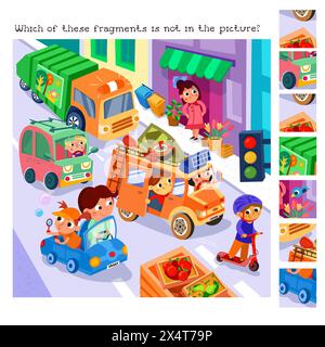 Auto e conducenti carini in città. Trova frammenti nascosti. Rompicapo educativo per bambini. Personaggi divertenti dei cartoni animati. Persone e trasporti, ingorghi nel traffico Illustrazione Vettoriale
