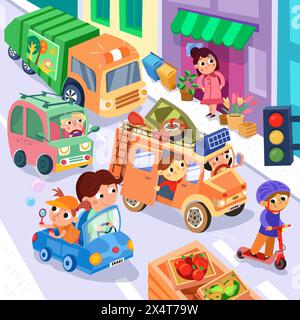 Auto e conducenti carini in città. Personaggi divertenti dei cartoni animati, scena per il design. Persone e trasporti, ingorgo del traffico in città. Illustrazione vettoriale per bambini Illustrazione Vettoriale