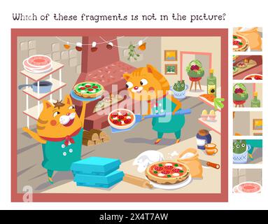 Trova i frammenti nascosti. Gioco educativo per bambini. Puzzle in stile cartoni animati. Simpatico gatto del pizzaiolo con pizza. Illustrazione vettoriale per bambini. Illustrazione Vettoriale
