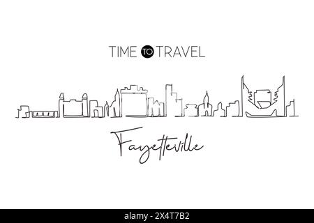 Linea continua che disegna lo skyline di Fayetteville, Arkansas. Il paesaggio storico della città. Stampa di cartoline della migliore destinazione di vacanza. st. Modificabile Illustrazione Vettoriale