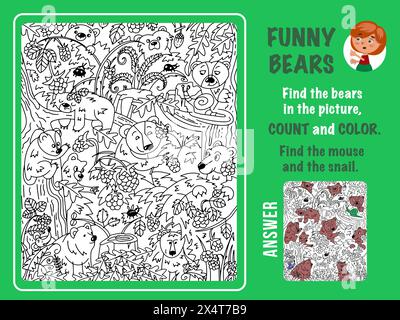 Trova gli orsi in foto, conteggio e colore. Giochi per bambini. Puzzle con oggetti nascosti. Contorno bianco e nero per la colorazione. Simpatici personaggi dei cartoni animati Illustrazione Vettoriale