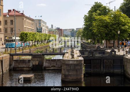 Goteborg, Svezia - 20 giugno 2021: Canale con portelli dighe e ponte sullo sfondo. Edifici, tram e gente che cammina per le strade. Foto Stock