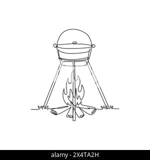 Cena di cucina con disegno su una fila in una pentola da campeggio sopra il falò. Cauldron e falò. Erba all'aperto, rami, pietre. picnic all'aperto nella natura. Conti Illustrazione Vettoriale