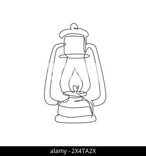 Lanterna da campeggio vintage a linea continua su sfondo bianco. Lampada a gas retrò con stoppino incandescente. Maneggiare lampade a gas per escursioni turistiche Illustrazione Vettoriale
