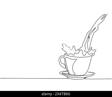 Triturazione continua di una linea per versare una tazza di caffè nero per creare schizzi. Caffè fuoriuscito dalla tazza. Versare il caffè nel bicchiere in porcellana con una tazza per vapore. Illustrazione Vettoriale