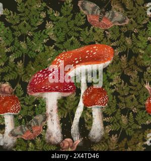 Agarica della mosca rossa, rami di felci forestali, farfalle e lumache. Motivo senza cuciture su sfondo scuro per la stampa su tessuto e carta. Arte digitale. Foto Stock