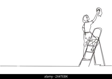 Il lavavetri con disegno continuo a una linea sta pulendo il finestrino con un tergivetro. Servizio di pulizia. Donna detergente in piedi sulla scala e lavare con S Illustrazione Vettoriale