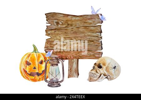 Zucca di Halloween, teschio umano, lampada, tavola di legno per testo. Illustrazione ad acquerello disegnata a mano isolata su sfondo bianco. Per le carte di Halloween, inv Foto Stock