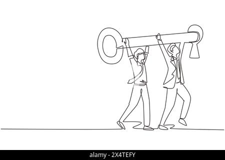 Una linea continua che disegna il concetto di business key con due figure maschili che indossano tute mentre sollevano e inseriscono l'enorme chiave nel buco della serratura. Affari Illustrazione Vettoriale