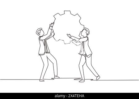 Una linea continua che disegna due uomini d'affari tengono insieme la ruota dentata riflettono sul concetto di strategia di pensiero. Attrezzatura di sollevamento per uomini d'affari. Collaborazione. Singolo Illustrazione Vettoriale