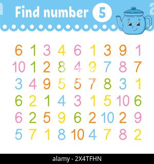 Trova numero. Foglio di lavoro per lo sviluppo dell'istruzione. Pagina dell'attività con immagini. Gioco per bambini. Personaggio divertente. stile cartoni animati. Illustrazione vettoriale. Illustrazione Vettoriale