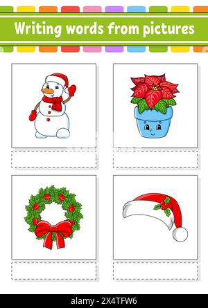 Scrivere parole da immagini. Imparare le parole in inglese. Foglio di lavoro per lo sviluppo dell'istruzione. Pagina attività a colori. personaggio dei cartoni animati. Illustrazione vettoriale. Illustrazione Vettoriale