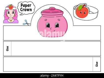 Modello corona in carta per bambini. Per giochi, torte, compleanni, vacanze. Con un carino personaggio dei cartoni animati. Isolato su sfondo bianco. Adatto per la stampa Illustrazione Vettoriale