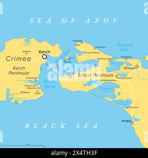 Stretto di Kerch in Europa orientale, mappa politica. Collega il Mar Nero e il Mar d'Azov, separando la penisola di Kerch in Crimea dalla penisola di Taman. Foto Stock