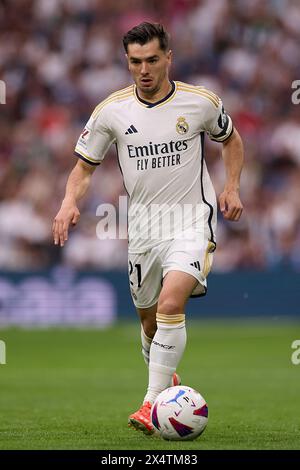 Madrid, Spagna. 4 maggio 2024. Brahim Diaz del Real Madrid CF in azione durante la partita di calcio della settimana sportiva 2023/2024 della Liga EA 34 tra il Real Madrid CF e il Cadice CF allo stadio Santiago Bernabeu. Punteggio finale: Real Madrid CF 3:0 Cadice CF. (Foto di Federico Titone/SOPA Images/Sipa USA) credito: SIPA USA/Alamy Live News Foto Stock