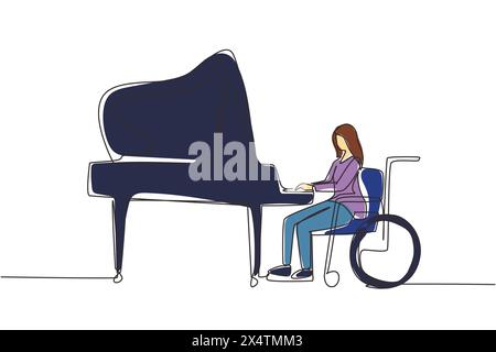 Linea continua che disegna una bella donna disabile in sedia a rotelle che suona il pianoforte in concerto. Disabilità e musica classica. Disabili fisici. Cantate Illustrazione Vettoriale