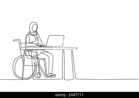 Continuo disegno su una linea giovane donna araba usa la sedia a rotelle, lavorando con il computer in ufficio. Processo online e avvio. Disabilità fisica e socio Illustrazione Vettoriale