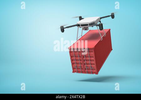 rendering 3d del contenitore rosso di spedizione con sollevamento del drone su sfondo blu Foto Stock