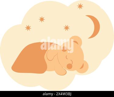 Un simpatico orsacchiotto in stile kawaii dorme sotto una coperta sullo sfondo delle stelle e della luna. Carta universale minimalista. Immagine vettoriale. Illustrazione Vettoriale