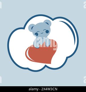 Simpatico orso blu in stile kawaii che regge un cuore. Cartolina minimalista. Adesivo. Concetto di amore, famiglia, festa della mamma. Immagine vettoriale. Illustrazione Vettoriale