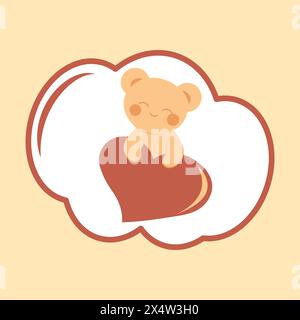 Simpatico orsacchiotto in stile kawaii che regge un cuore. Cartolina minimalista. Adesivo. Concetto di amore, famiglia, festa della mamma. Immagine vettoriale. Illustrazione Vettoriale