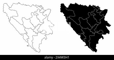 Le mappe amministrative in bianco e nero della Bosnia-Erzegovina Illustrazione Vettoriale