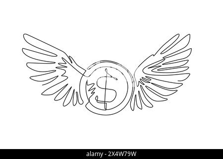 Una sola linea che disegna monete da un dollaro con ali che volano nel cielo. Concetto di denaro perso. Soldi volanti. Economia, finanza, denaro. Moderno continentale Illustrazione Vettoriale