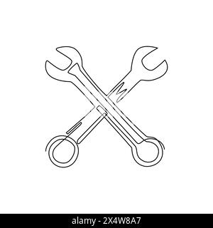 Icona singola di riparazione del disegno a una linea. Due chiavi incrociate. Logo dell'officina di riparazione auto meccanica con alette. Servizio auto veloce, manutenzione veicoli. Conti Illustrazione Vettoriale