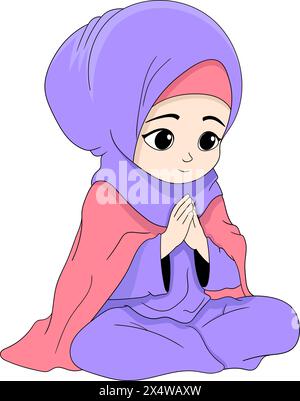 Illustrazione di cartoni animati islamici, ragazza musulmana che indossa un hijab seduto in preghiera, disegno creativo Illustrazione Vettoriale