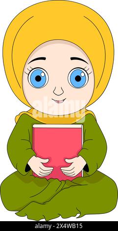 Illustrazione di cartoni animati islamici, ragazza musulmana che indossa un hijab seduto abbracciando il libro sacro, fumetto di disegno creativo; doodle; illustrazione; islamica; fash Illustrazione Vettoriale