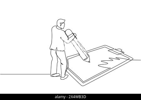 Un unico uomo d'affari che disegna una linea continua ha compilato il questionario. Un tizio con la matita scrive un test. Uomo in piedi vicino a una grossa lista di controllo. Maschio scrive sulla clip Illustrazione Vettoriale