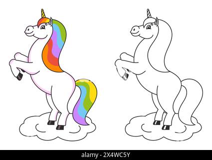 Libro da colorare per bambini. Il magico unicorno è cresciuto. Il cavallo animale sta sulle zampe posteriori. Stile cartoni animati. Semplice illustrazione vettoriale piatta. Illustrazione Vettoriale
