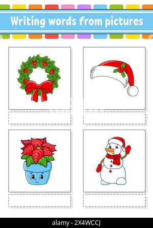 Scrivere parole da immagini. Imparare le parole in inglese. Foglio di lavoro per lo sviluppo dell'istruzione. Pagina attività a colori. personaggio dei cartoni animati. Illustrazione vettoriale. Illustrazione Vettoriale