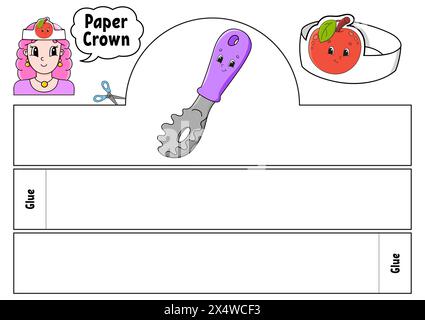 Modello corona in carta per bambini. Per giochi, torte, compleanni, vacanze. Con un carino personaggio dei cartoni animati. Isolato su sfondo bianco. Adatto per la stampa Illustrazione Vettoriale