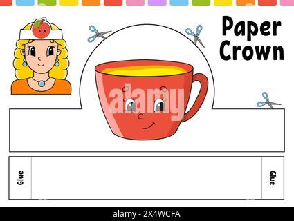 Modello corona in carta per bambini. Per giochi, torte, compleanni, vacanze. Con un carino personaggio dei cartoni animati. Isolato su sfondo bianco. Adatto per la stampa Illustrazione Vettoriale