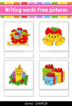Scrivere parole da immagini. Imparare le parole in inglese. Foglio di lavoro per lo sviluppo dell'istruzione. Pagina attività a colori. personaggio dei cartoni animati. Illustrazione vettoriale. Illustrazione Vettoriale