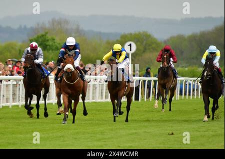 Salisbury, Regno Unito. 5 maggio 2024. La Fast Society, guidata da Rob Hornby (cappello bianco), vince la Side Glance Novice Stakes 3,55 davanti al King's Scholar, guidata da Saffie Osborne (cappello giallo), all'ippodromo di Salisbury, Regno Unito. Crediti: Paul Blake/Alamy Live News. Foto Stock