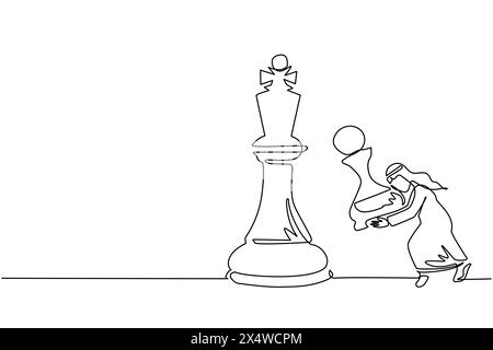 Una sola linea che attira un uomo d'affari arabo che tiene un pedone a scacchi per battere il re degli scacchi. Pianificazione strategica, strategia di sviluppo aziendale, tattiche in en Illustrazione Vettoriale