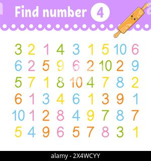 Trova numero. Foglio di lavoro per lo sviluppo dell'istruzione. Pagina dell'attività con immagini. Gioco per bambini. Personaggio divertente. stile cartoni animati. Illustrazione vettoriale. Illustrazione Vettoriale