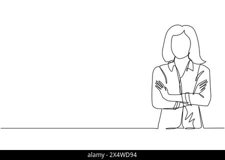 Una sola linea che attira una giovane donna d'affari in piedi con le braccia piegate. Bella donna sorridente in abiti casual con le braccia incrociate in piedi isolata. Illustrazione Vettoriale